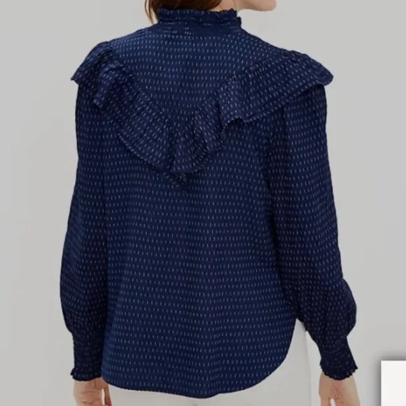 LOFT Dobby Ruffle Prairie Feminine Navy Long Sleeve Buttoned Cotton Blouse Top - Picture 3 of 10
